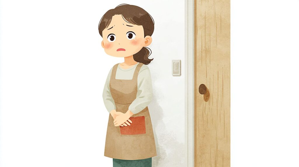 介護施設で、コミュニケーションや声をかけるタイミングが分からず戸惑う介護実習生や新人職員のイラスト