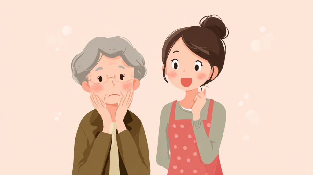 介護施設で高齢者と介護職員で気持ちがすれ違い、うまく意図が伝わっていない様子のイラスト