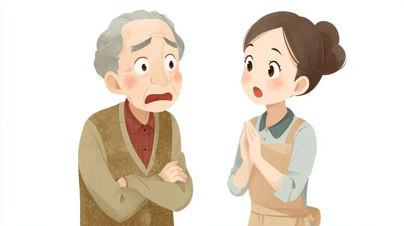 怒っている高齢者に対して戸惑いながら対応する介護職員のイラスト