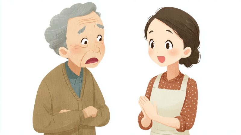 不安そうな表情の高齢者に、やさしく声をかける介護職員のイラスト