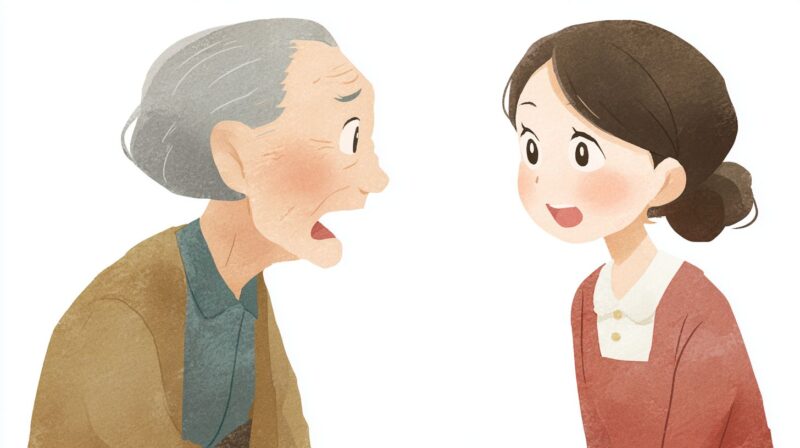 利用者の話を丁寧に聞き、気持ちを受け止める介護職員のイラスト