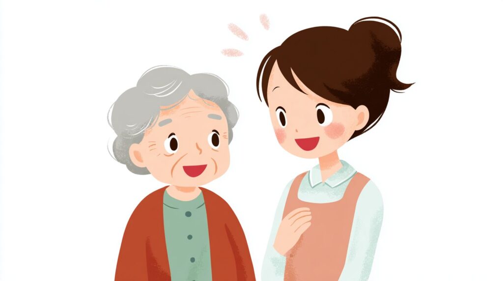 介護施設で、介護士と高齢者が笑顔で会話している様子。お互い安心した表情で、良好なコミュニケーションが取れている場面。