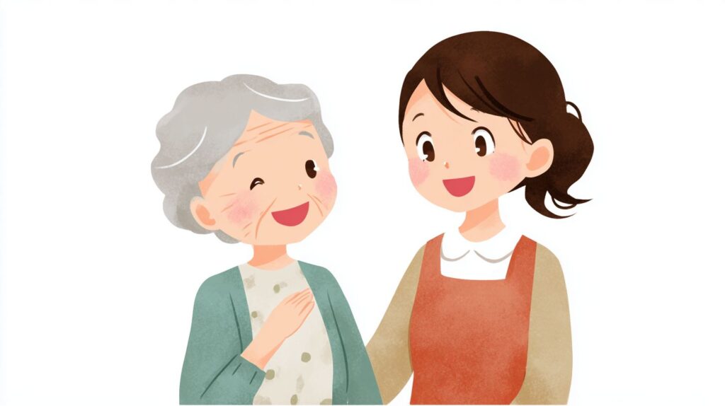 介護施設で、高齢女性がウインクしながら笑顔を見せ、介護士も楽しそうに会話している場面。自然で温かいコミュニケーションの成功例。