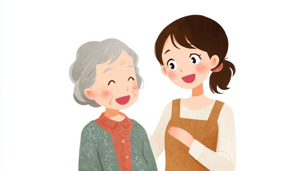 介護施設で高齢者と介護士が目を合わせて大きく笑っている場面。安心と信頼が伝わるコミュニケーションの良い例。