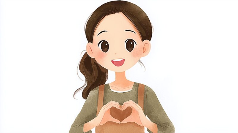 介護職員が両手でハートを作り、安心や思いやりを伝えているイラスト