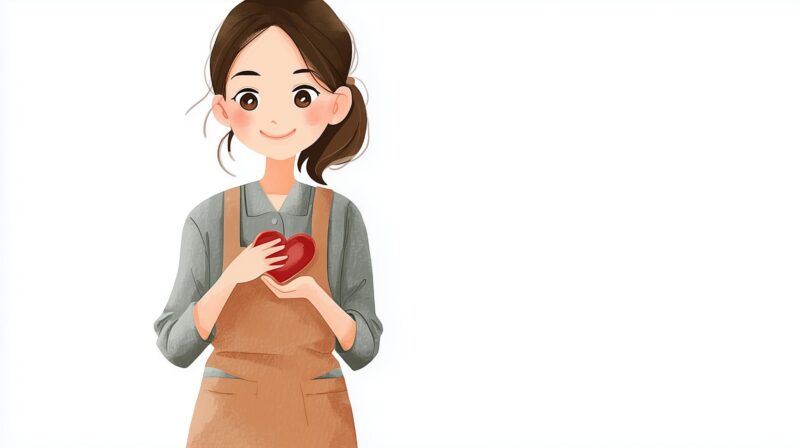 介護職員が胸に手を当てて微笑み、利用者や職員に寄り添う気持ちを表しているイラスト