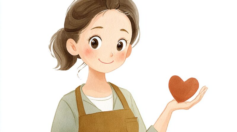 介護職員がハートを差し出し、思いやりや安心感を伝えているイラスト