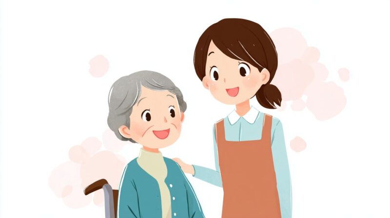 介護施設で、介護職員が利用者さんのそばで寄り添い、安心感が積み重なっている様子