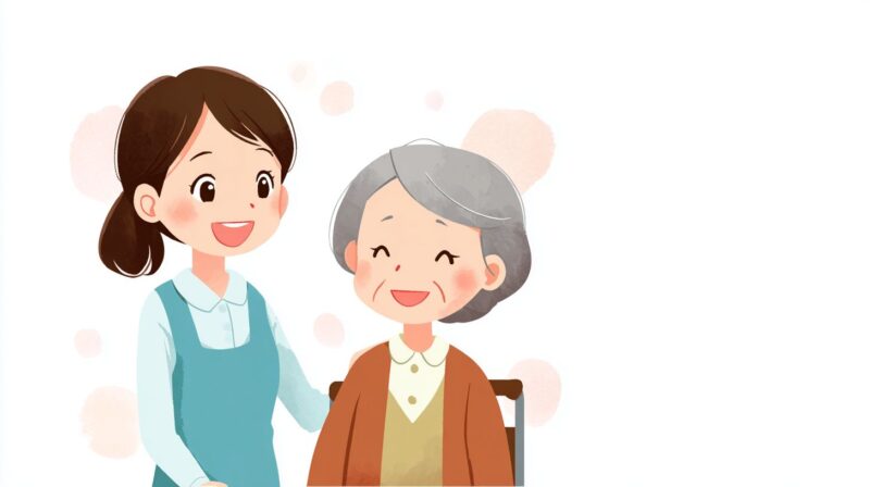 介護施設で、介護職員と利用者さんが笑顔で向き合い、安心できる関係が築かれている場面