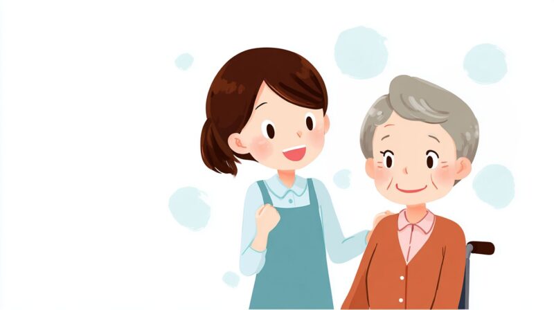 介護施設で、新人介護職員や実習生が高齢の利用者さんにやさしく声をかけ、安心した表情で関わっている様子