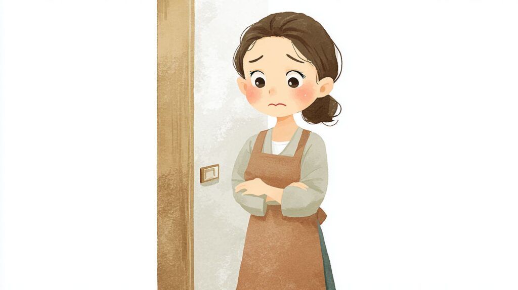 介護施設で、コミュニケーションに悩んで不安そうに立つ実習生や新人介護職員のイラスト