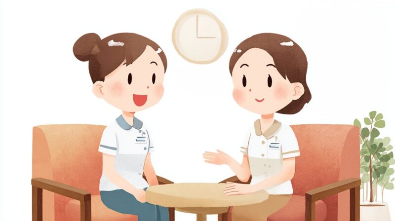 利用者さんの対応について話し合う介護職員同士のミーティングのイラスト