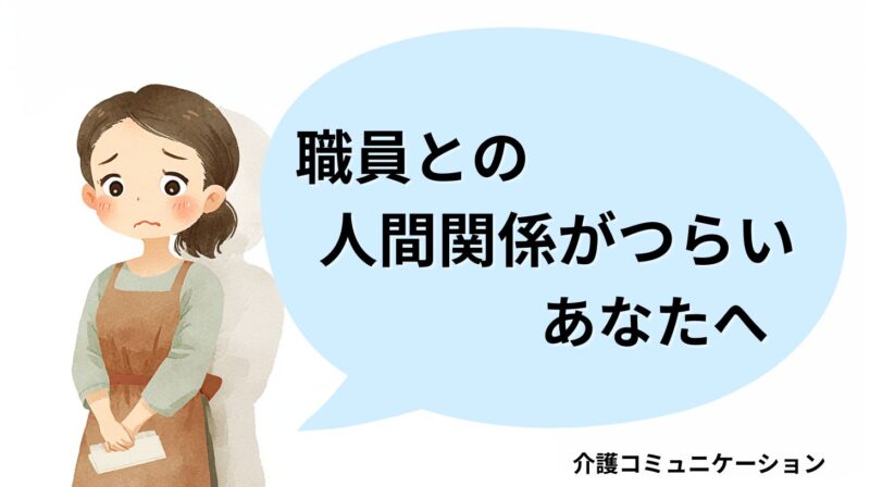 介護現場で職員との人間関係に悩む介護士が、不安な表情で立っているイラスト