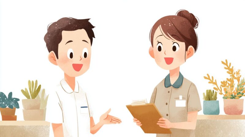 介護現場で職員同士が笑顔で業務について相談しているイラスト