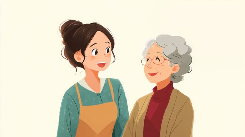 外国人スタッフが利用者さんに寄り添いながら声かけをしている、信頼関係を感じる介護シーンのイラスト。