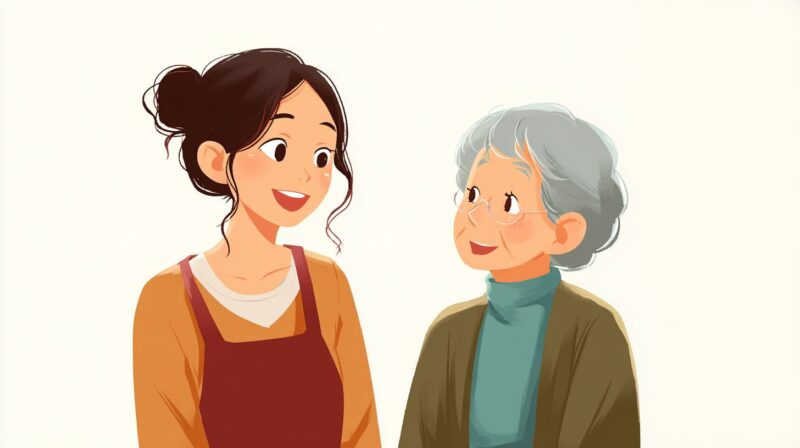 外国人介護士が高齢の利用者さんと笑顔で会話している、あたたかい介護現場のイメージイラスト。