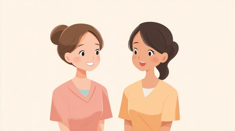 外国人スタッフ同士が、笑顔でコミュニケーションを取りながら働いている様子のイラスト。チームで協力して働く介護現場のイメージ。