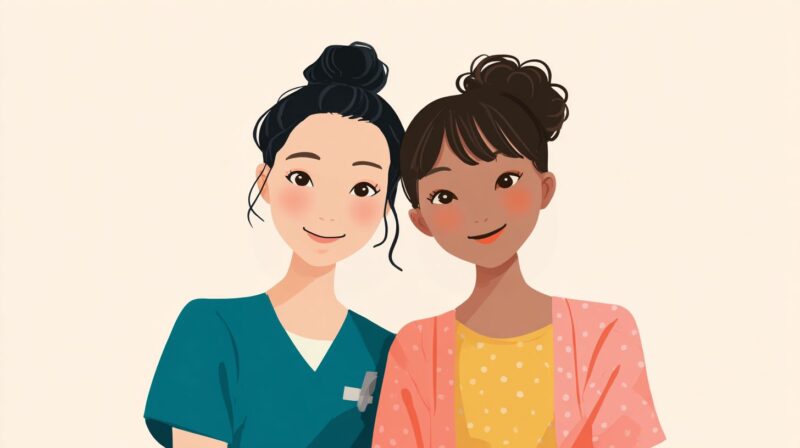 日本人介護士と外国人スタッフが並んで笑顔で写っている、チームワークと信頼関係を感じる介護現場のイメージイラスト。