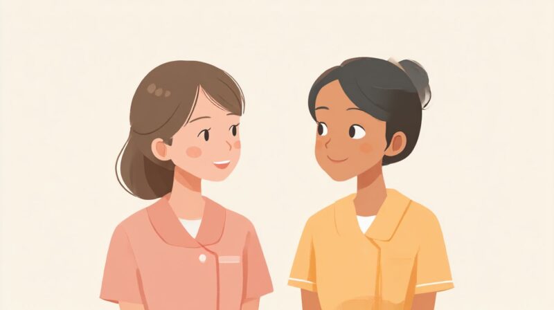 日本人介護士と外国人スタッフが向かい合って会話しながら話し合っている、現場でのコミュニケーションと協力関係を表したイメージイラスト。