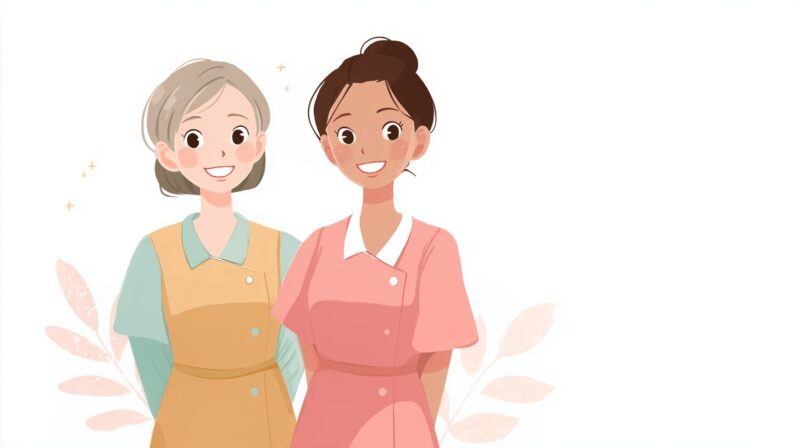 日本人介護士と外国人スタッフが並んで立ち、チームとして一緒に働く頼もしい関係を表したイラスト。外国人介護士との協力や現場のチームワークをイメージしています。