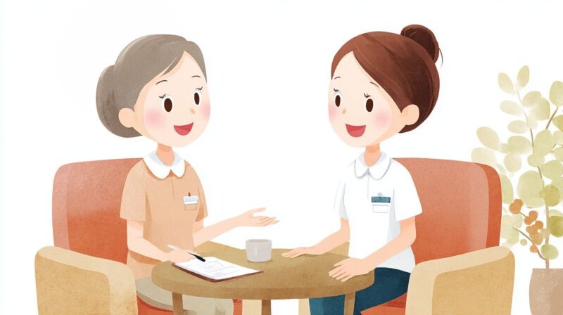 上司や管理者に時給や働き方について相談する介護職員のイラスト