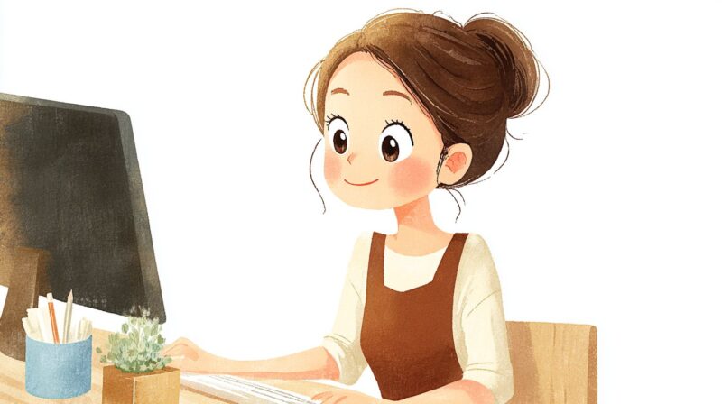 転職や情報収集のためにパソコンで調べ物をする介護職員のイラスト